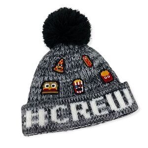 A Child’s Place S/M Child Chunky Knit Warm Crew Pizza Black Beanie Pom Pom Hat